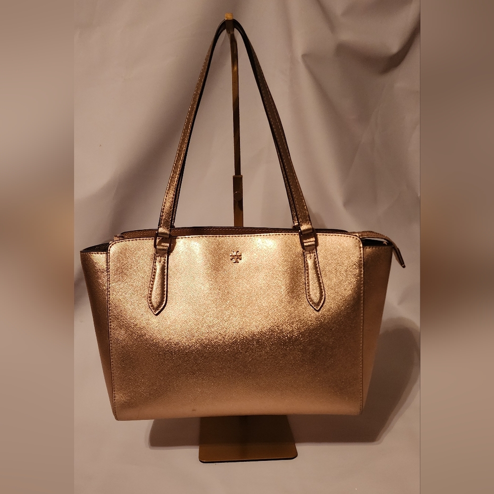 Tory Burch Shimmering Rose Gold Tote and Wallet EUC w New Crossbody Strap - Picture 2 of 16